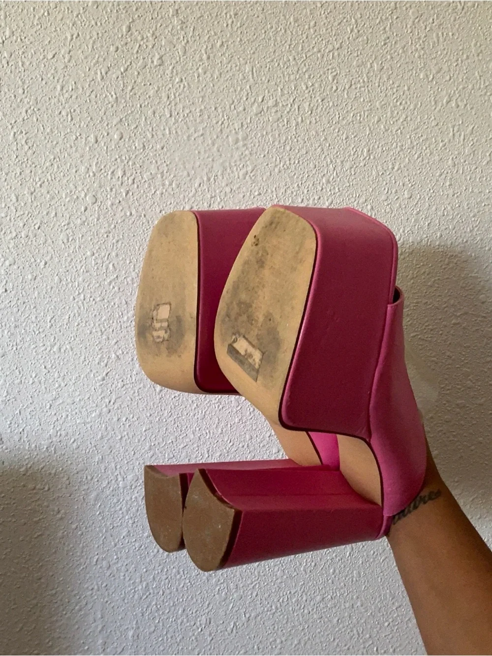 Women’s Pink Platform Mule Heels with Clear Strap